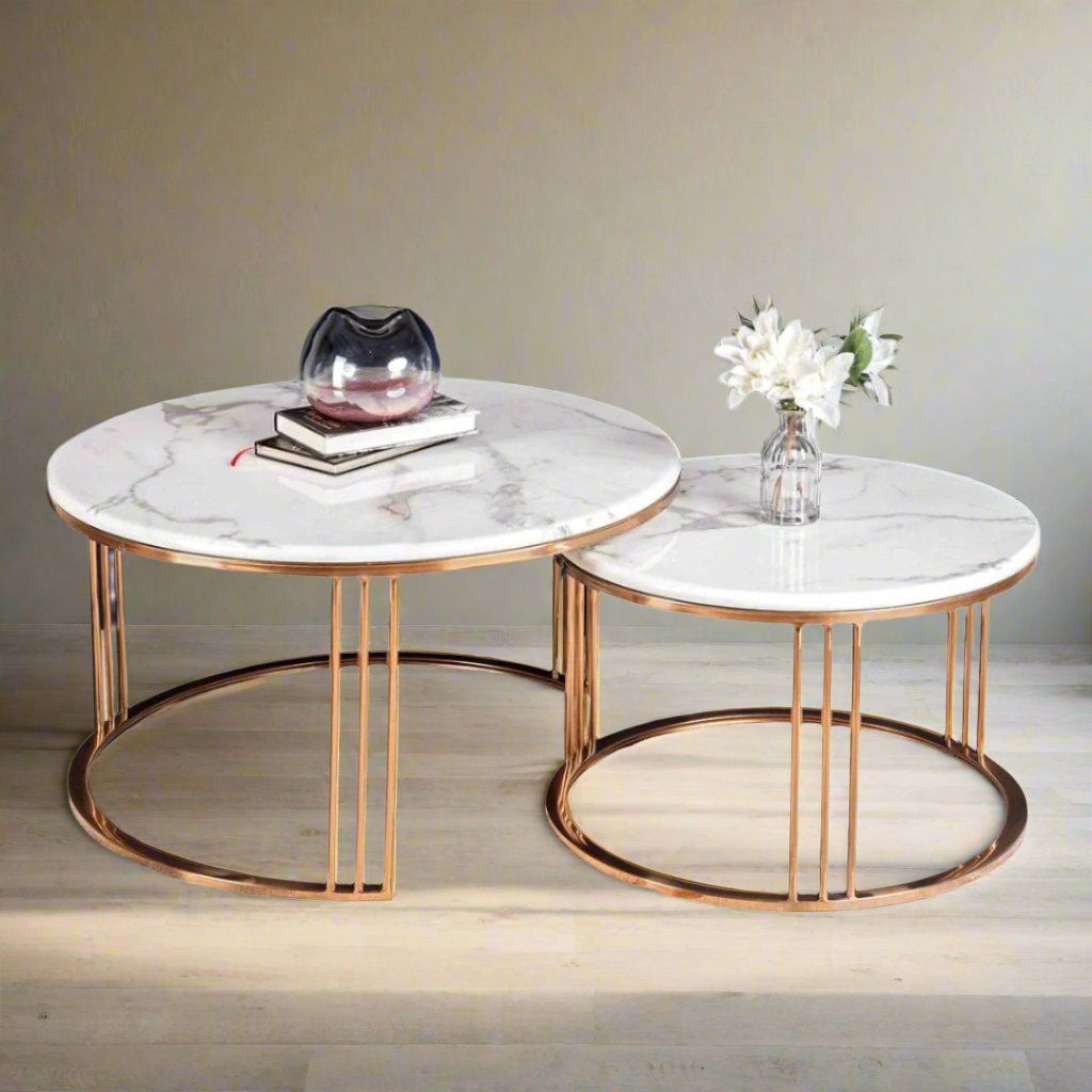 Golden coffee table with a marble top, combining modern design with luxury