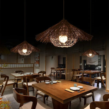 Handwoven Hut Style Bamboo Ceiling Lamp – Boho Rustic Lighting